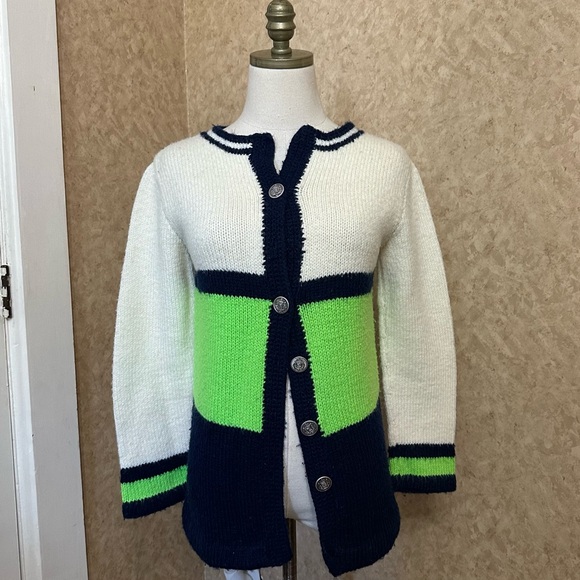 VTG 80s Retro Chunky Knit Colorblock Navy Cream and Neon Green Cardigan Sweater - Picture 1 of 7